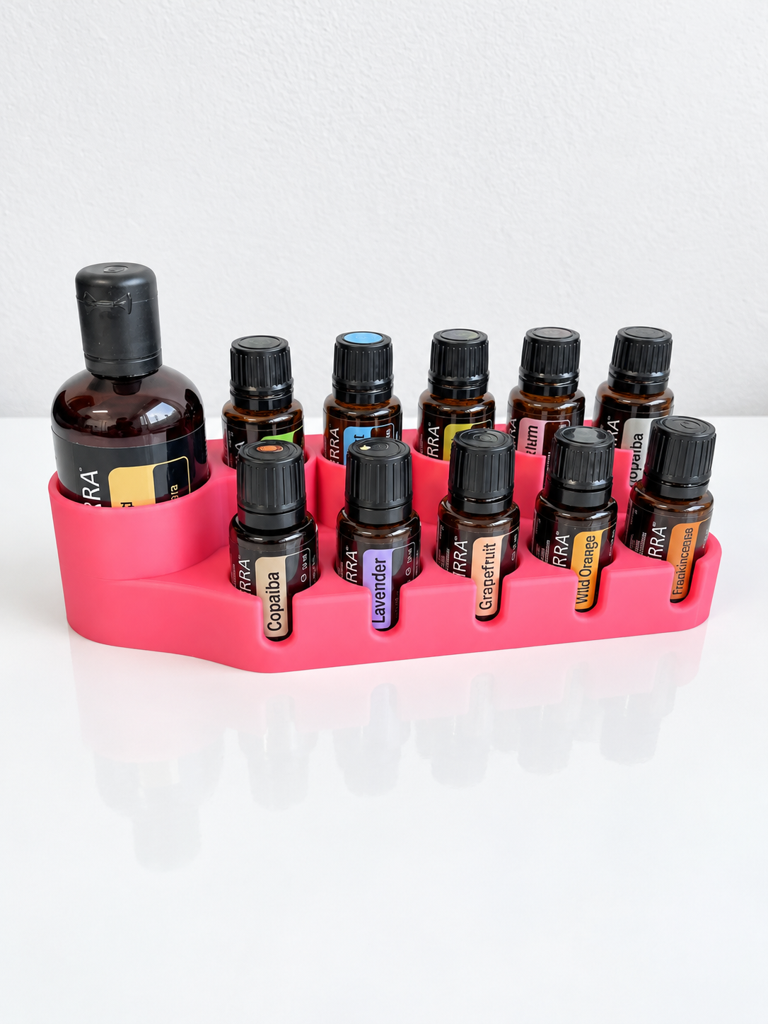 Suport pentru 10 sticluțe de uleiuri esențiale de 15 ml + spațiu pentru ulei de cocos 115 ml